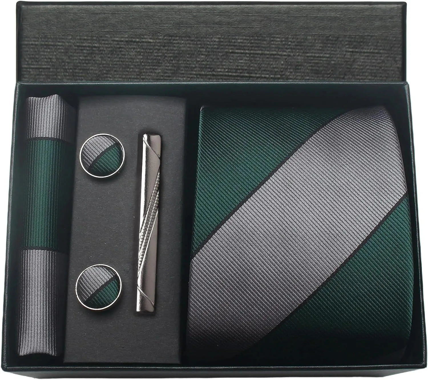 Green and gray tie set with accessories in a black box