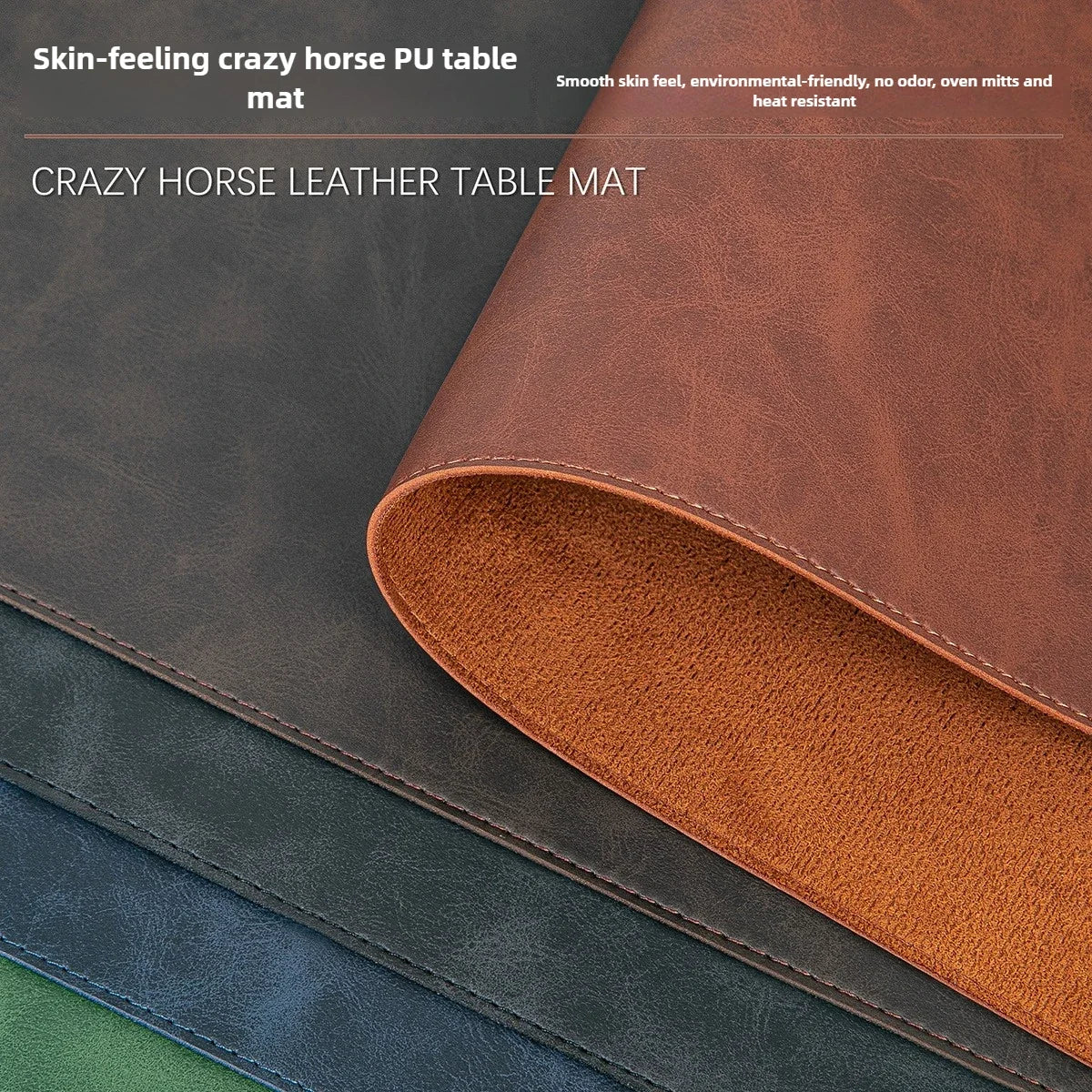 Crazy horse leather table mat in brown, green, and blue with text describing its features.