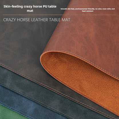 Crazy horse leather table mat in brown, green, and blue with text describing its features.
