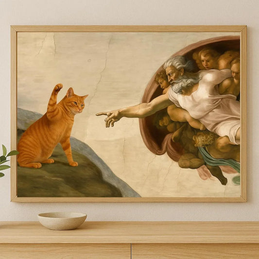 Framed artwork of a classical painting with a cat replacing the original subject, on a wall above a wooden shelf.