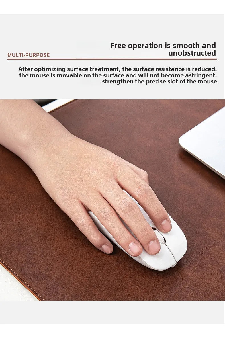 Hand using a white computer mouse on a brown mouse pad with text about surface treatment.