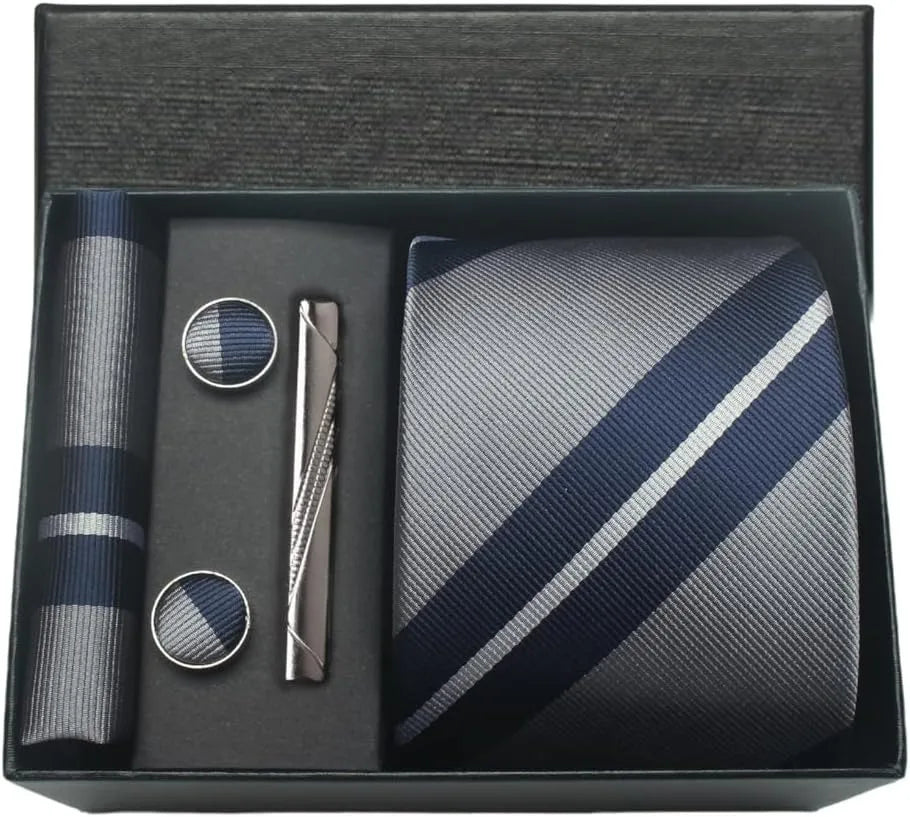 Men's tie set with tie, tie clip, and cufflinks in a black box