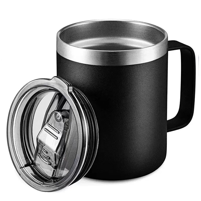 Black insulated mug with a silver lid on a white background