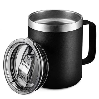 Black insulated mug with a silver lid on a white background