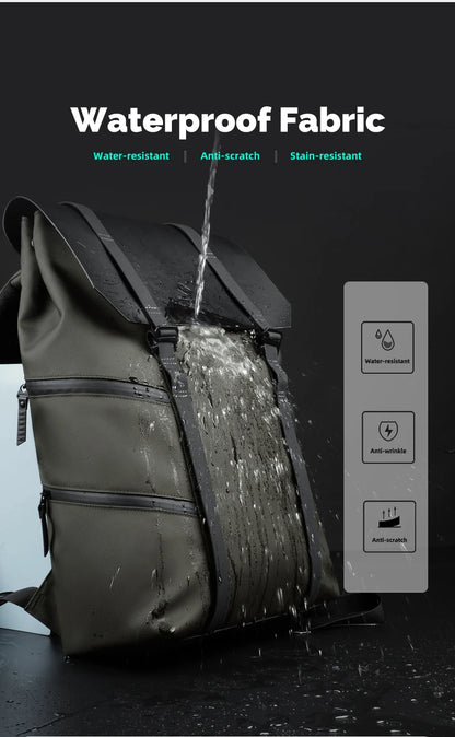 Backpack with waterproof fabric feature, water splashing onto it on a black background.