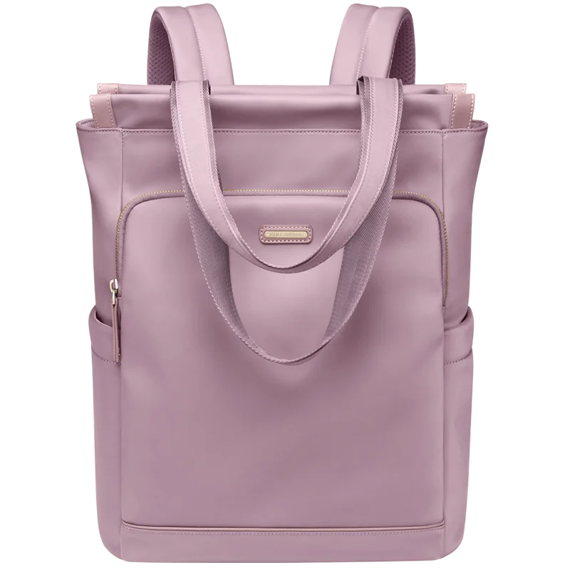 Pink backpack with a visible brand logo on a white background