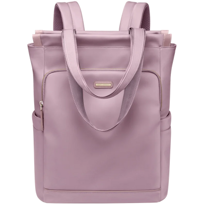 Pink backpack with a visible brand logo on a white background