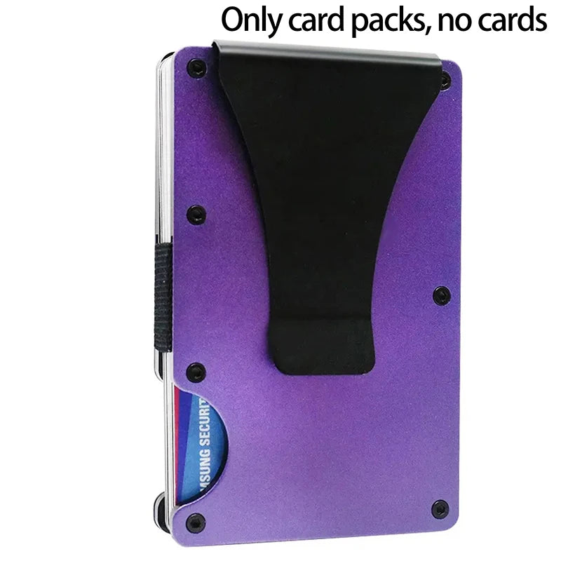 Purple cardholder with a black stand on a white background