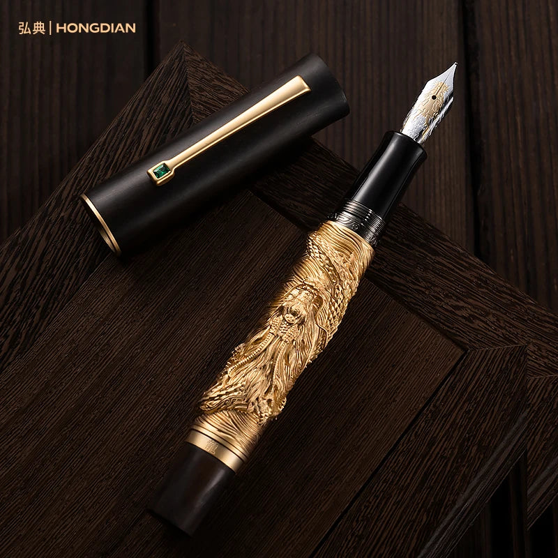Fountain pen with gold detailing on a wooden surface, featuring the brand 'HONGDIAN'.