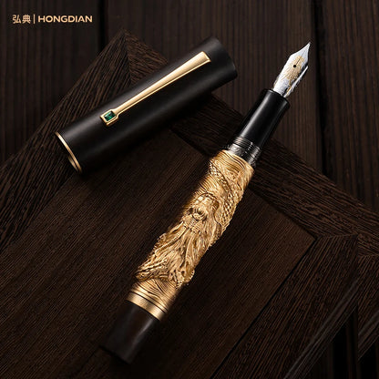 Fountain pen with gold detailing on a wooden surface, featuring the brand 'HONGDIAN'.