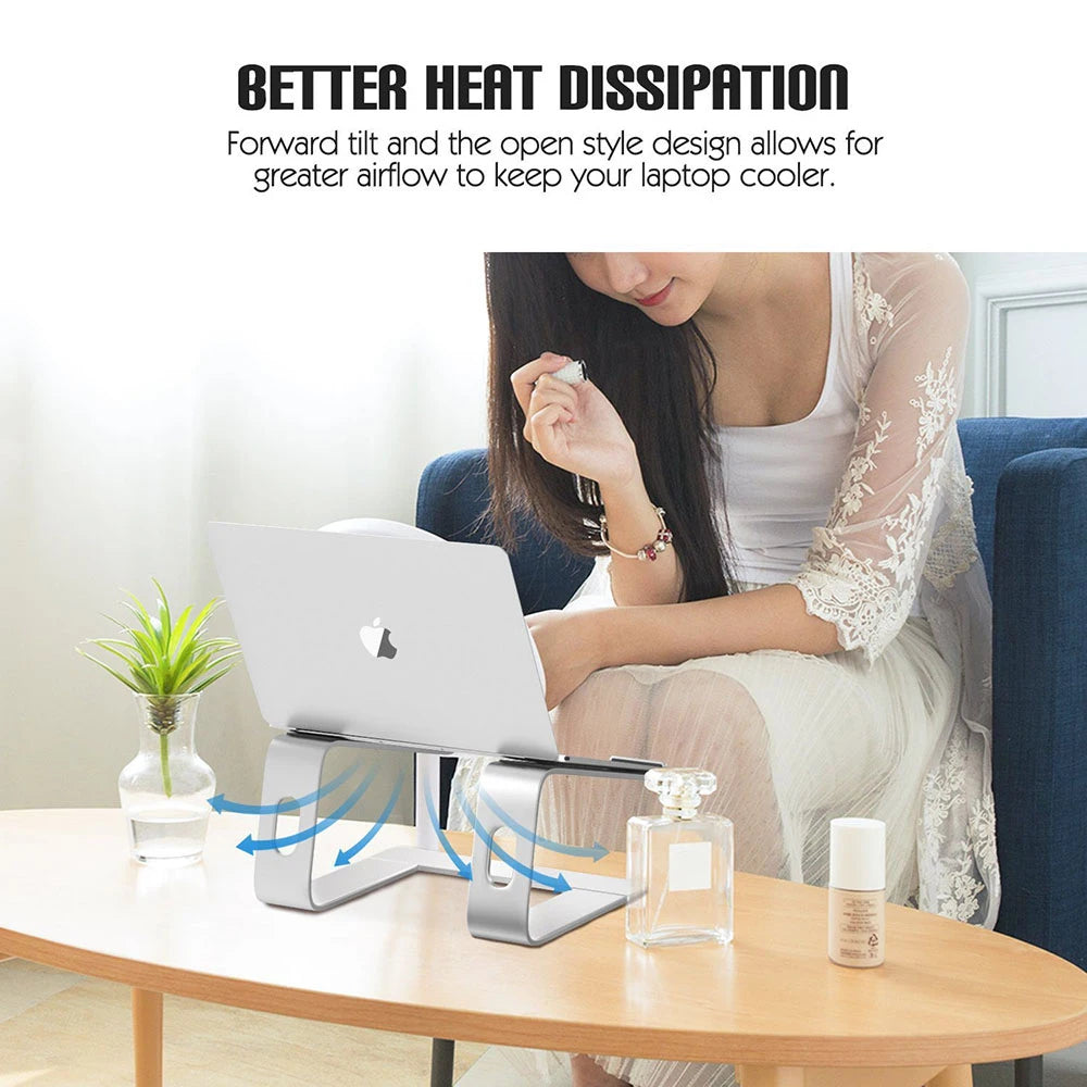 Woman using a laptop on a stand with text about better heat dissipation.