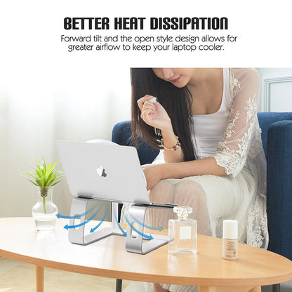 Woman using a laptop on a stand with text about better heat dissipation.