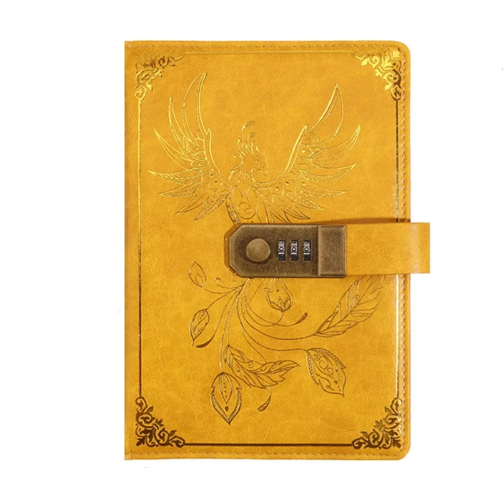 Yellow leather notebook with embossed design and combination lock on a white background