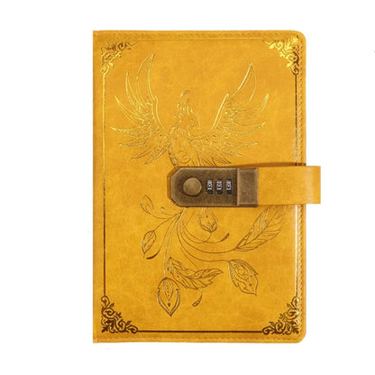 Yellow leather notebook with embossed design and combination lock on a white background