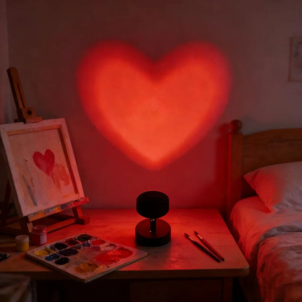 Heart-shaped light projection on a wall above a desk with art supplies in a bedroom.