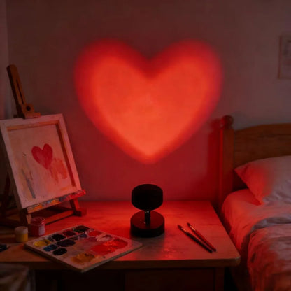 Heart-shaped light projection on a wall above a desk with art supplies in a bedroom.