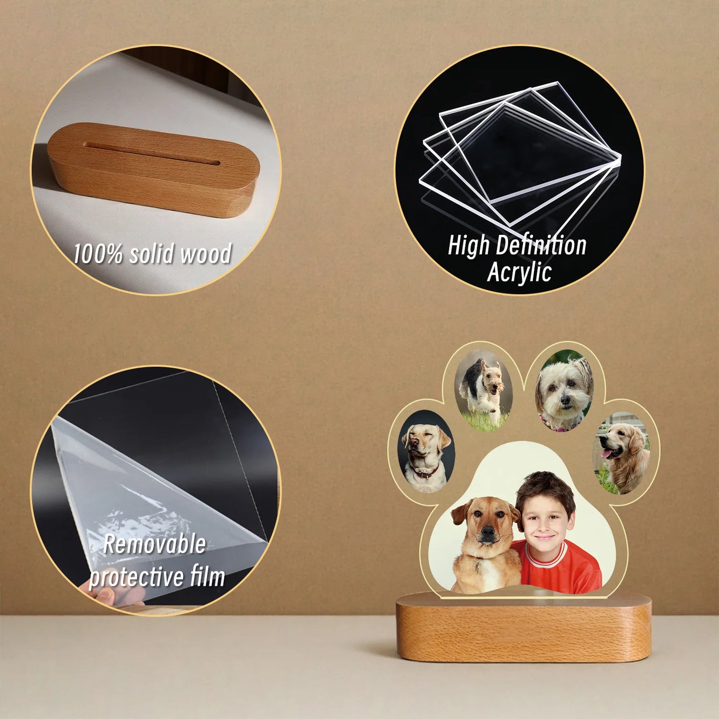 Wooden photo display with paw design featuring a boy and dog, surrounded by product features on a brown background.