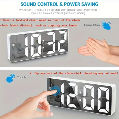 Digital alarm clock with sound control and power saving features, showing time and user interaction.