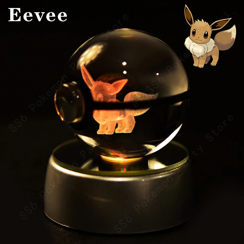 Crystal ball with Eevee inside, featuring a small illustration of Eevee above it on a black background.
