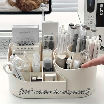 White desk organizer with stationery items on a desk.