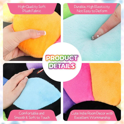 Product details of colorful plush fabric with text on high-quality, durability, comfort, and room decor.