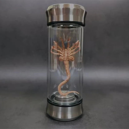 Clear glass bottle with a metallic lid containing a preserved spider-like creature on a gray background