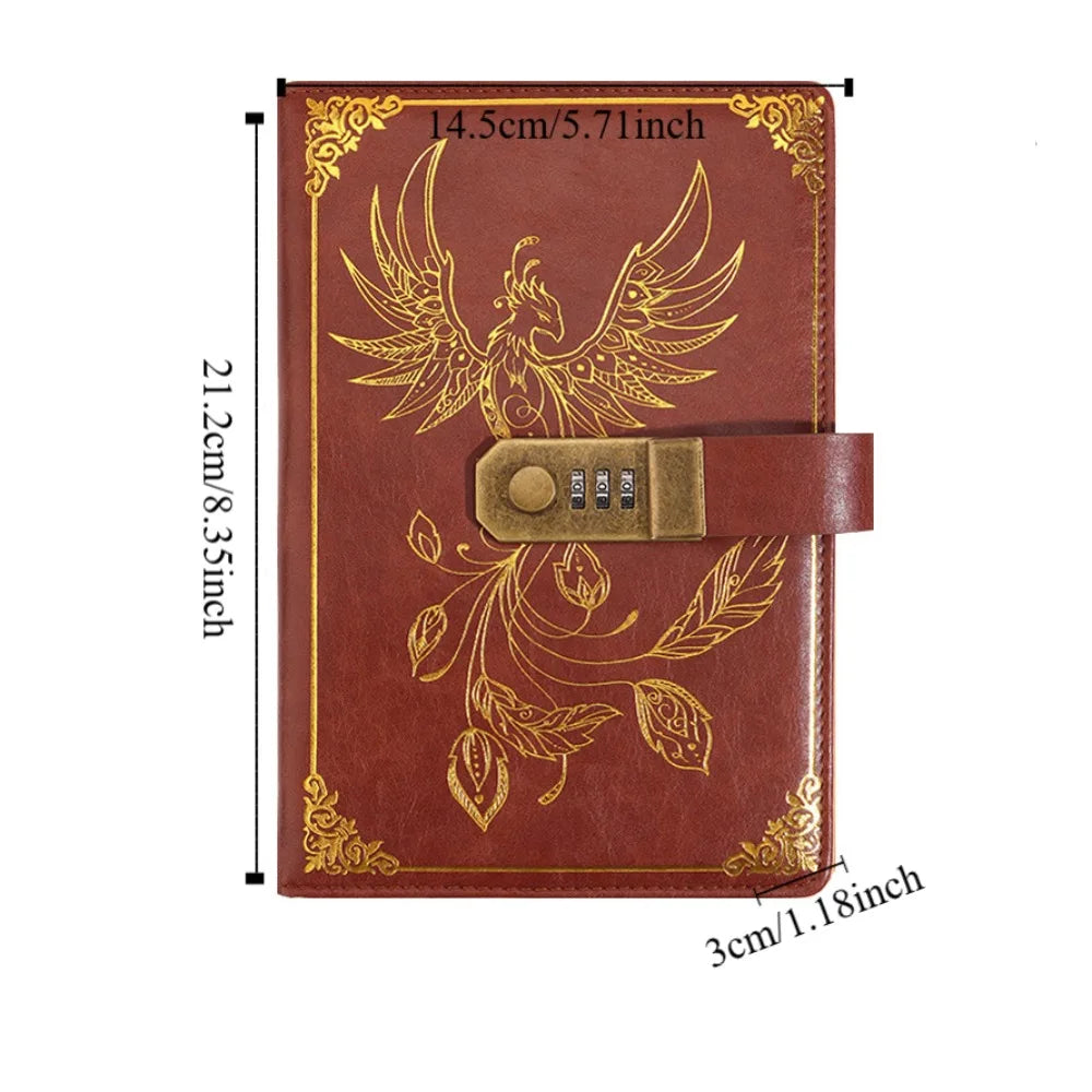 Brown leather notebook with gold phoenix design and combination lock, shown with measurements.