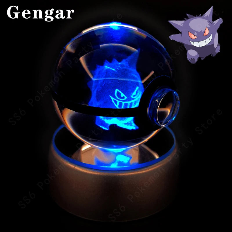 Gengar figure inside a crystal ball with blue light on a black background