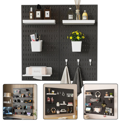 Black pegboard wall with shelves and hooks displaying various items on a white background.