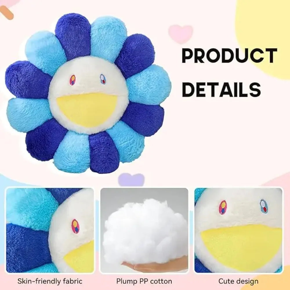 Flower-shaped plush toy with product details on a colorful background