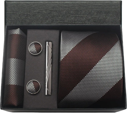 Set of tie, tie clip, and cufflinks in a box with a patterned tie.