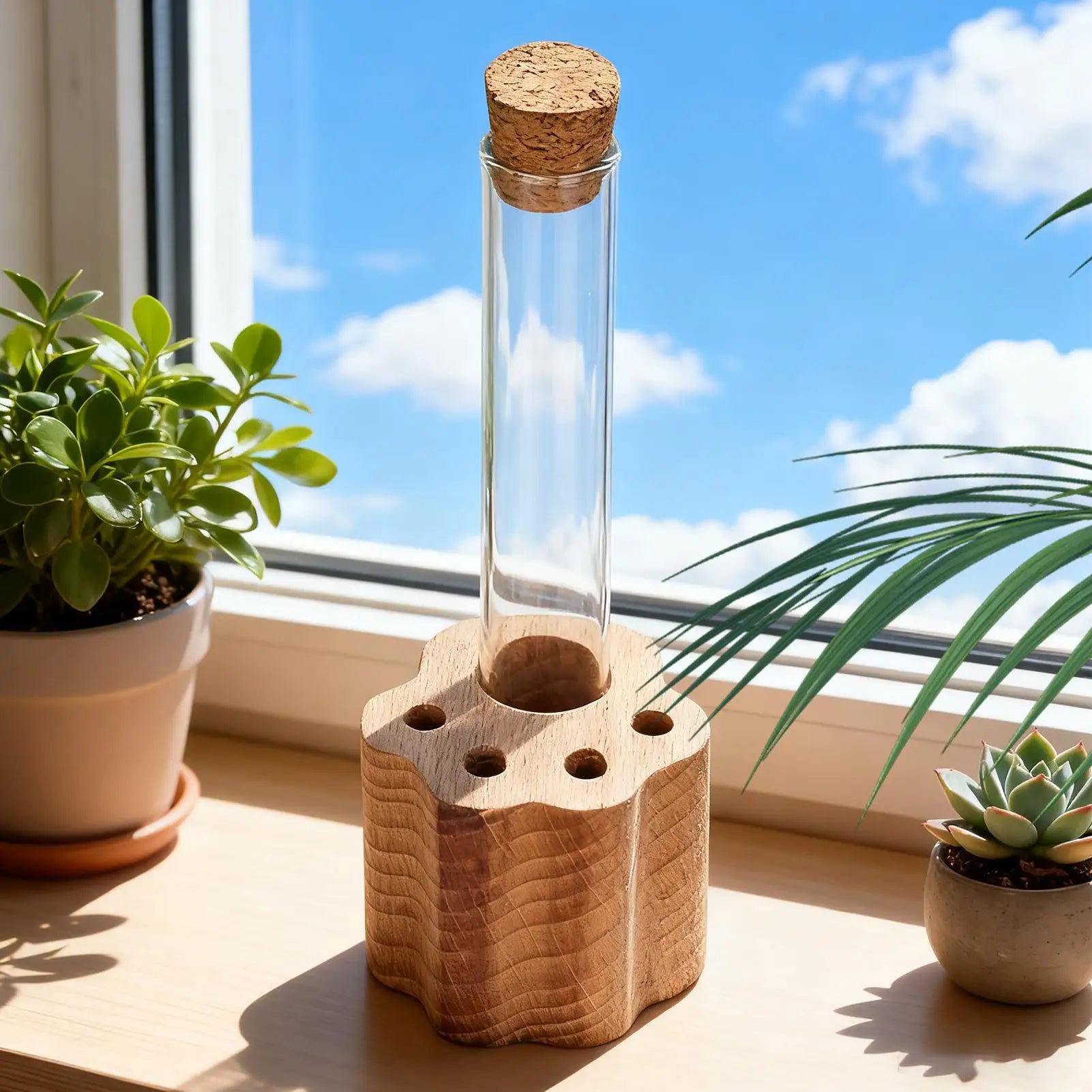 Glass bottle with cork lid on a wooden stand near potted plants by a window