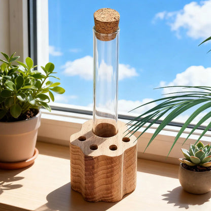 Glass bottle with cork lid on a wooden stand near potted plants by a window