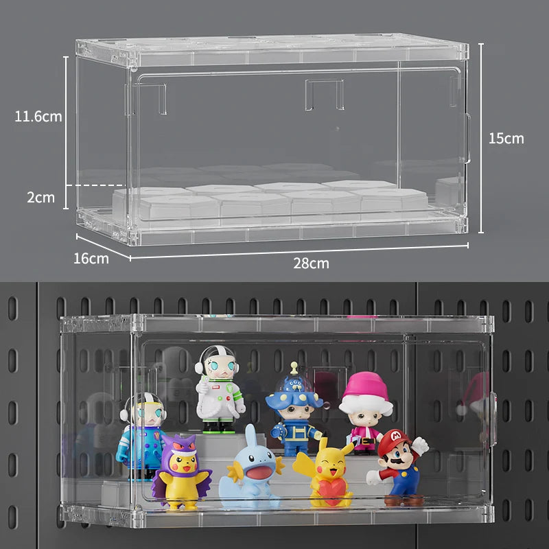 Clear acrylic display case with measurements and toy figures inside
