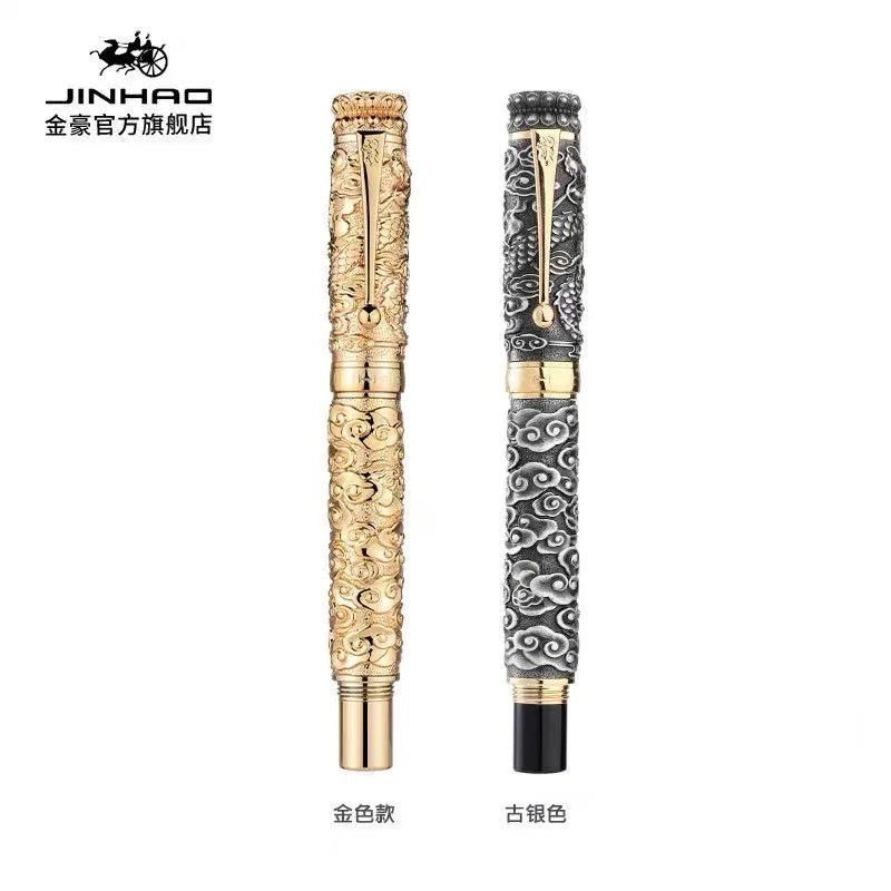 Two ornate pens, one gold and one with a black and silver design, on a white background with Jinhao branding.