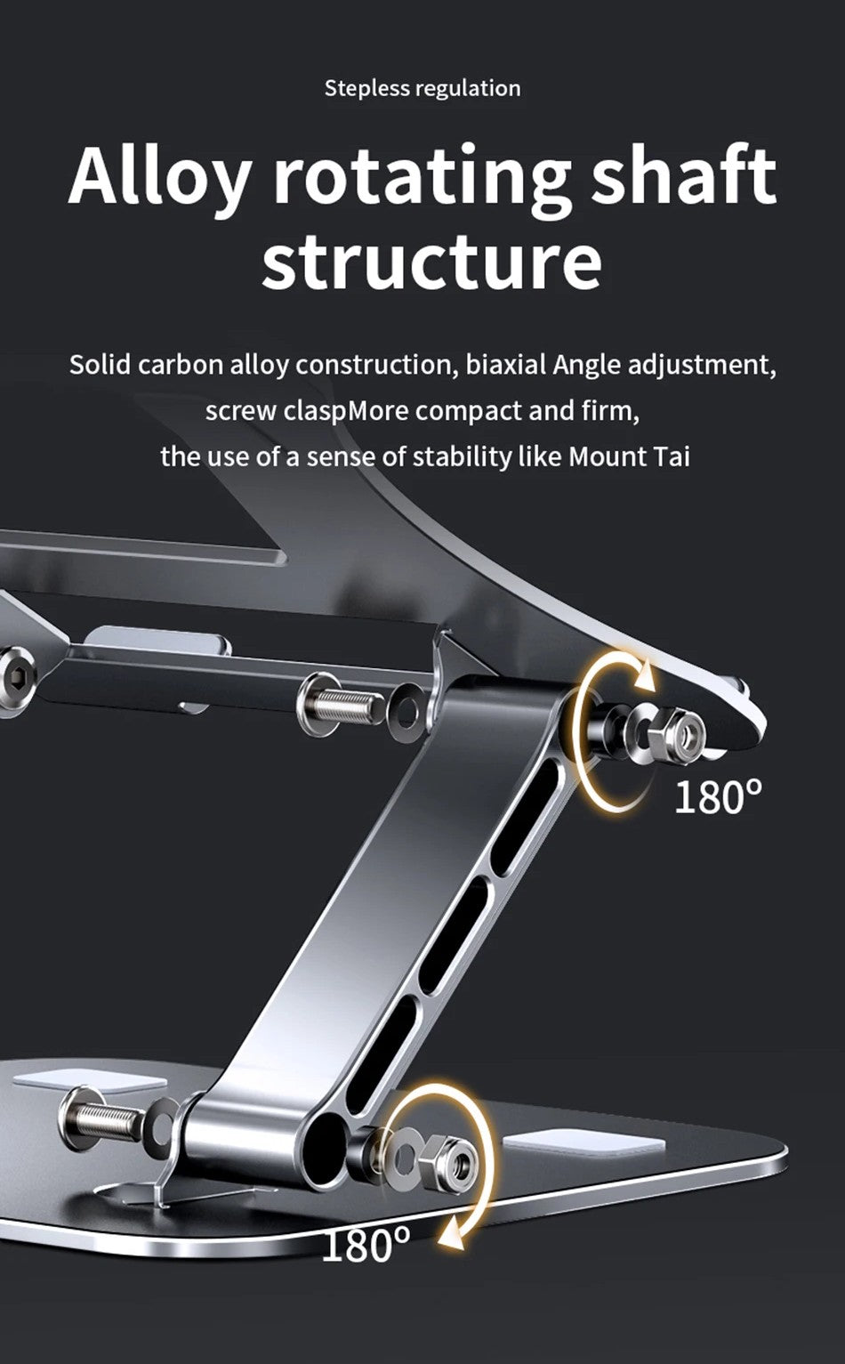 Metallic rotating shaft structure with text on a black background