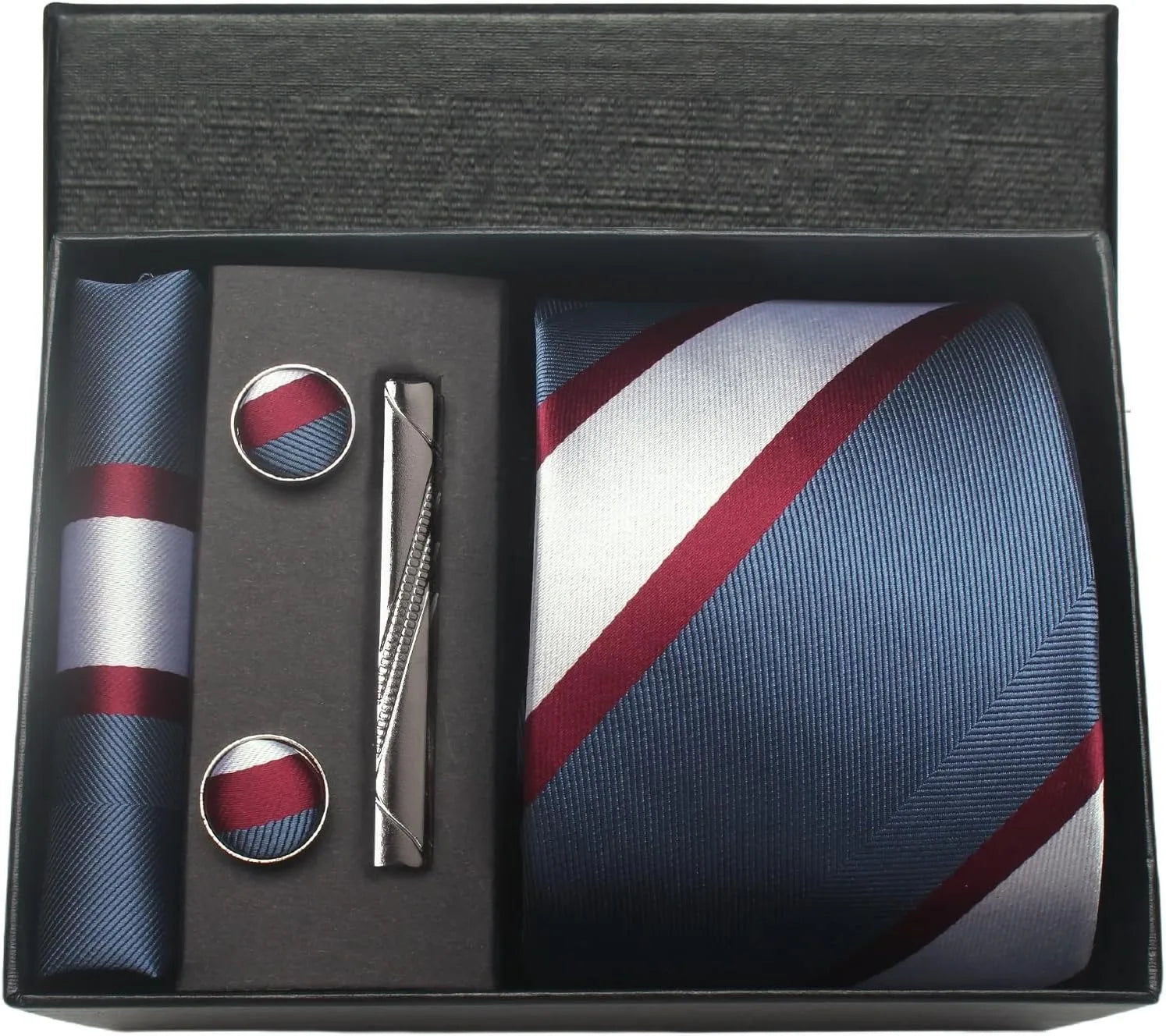 Mens accessory set with tie, pocket square, and cufflinks in a black box.