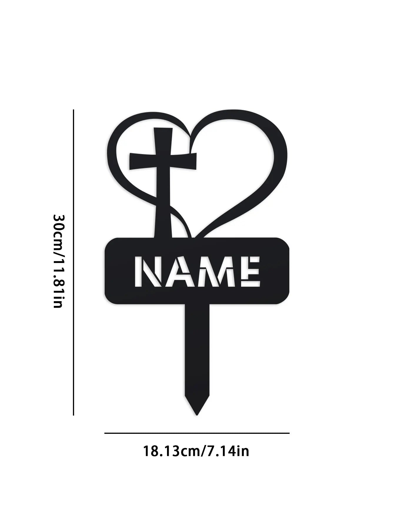 Black cross and heart design with 'NAME' text on a white background
