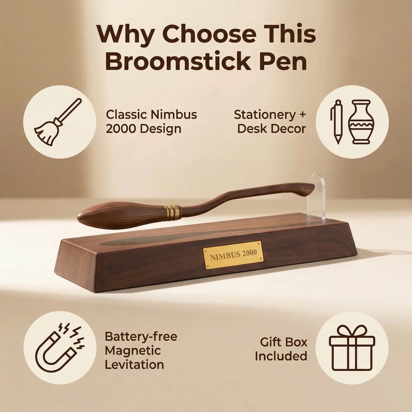 Broomstick pen with features listed on a beige background