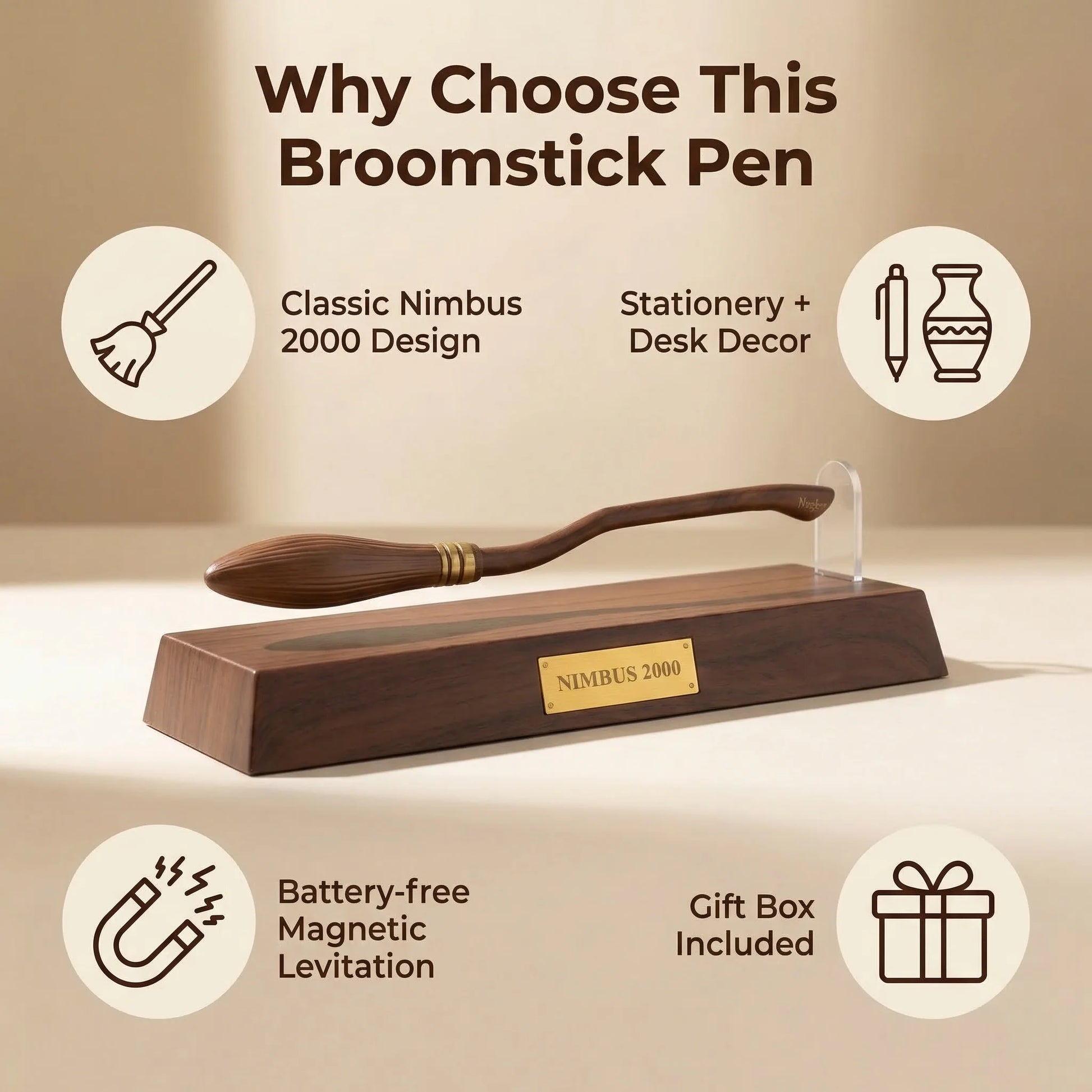 Broomstick pen with features listed on a beige background
