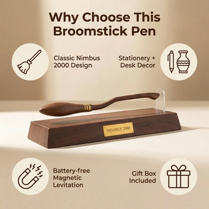 Broomstick pen with features listed on a beige background