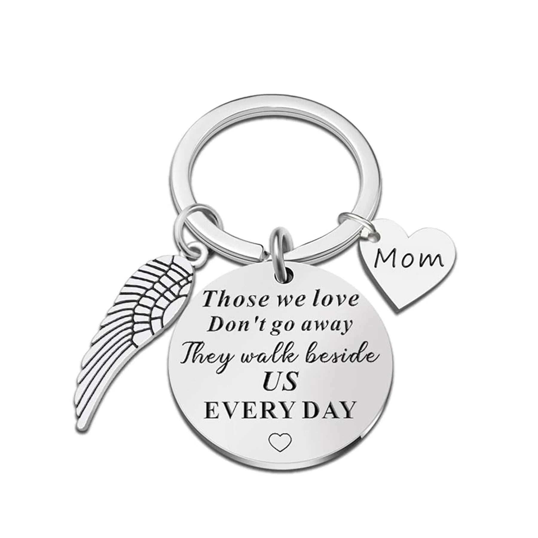 Keychain with angel wing, heart-shaped 'Mom' tag, and engraved message on a white background