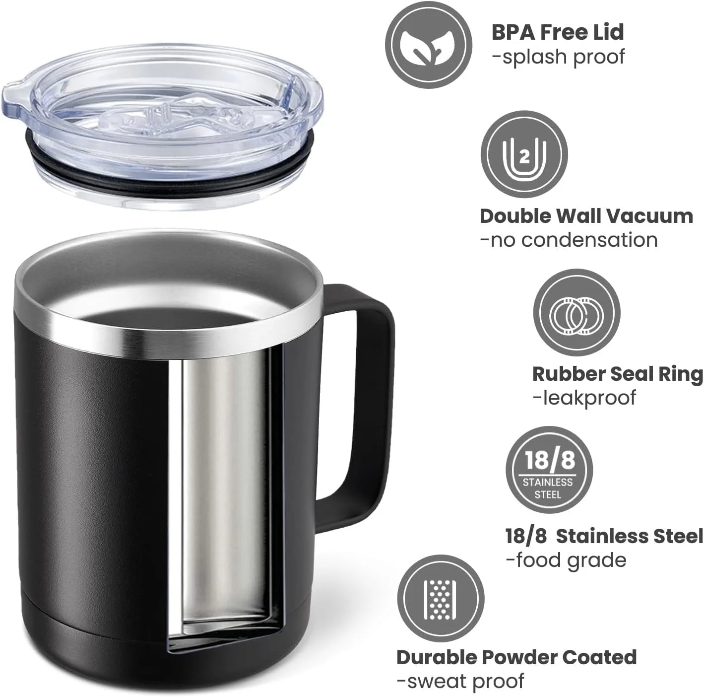 Black insulated mug with features listed on a white background