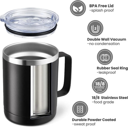 Black insulated mug with features listed on a white background