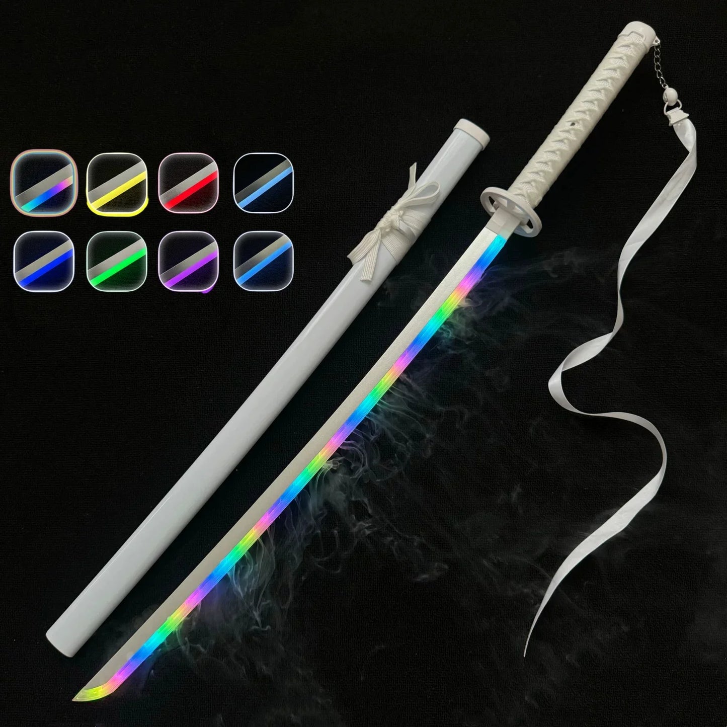 Sword with rainbow blade and sheath on a dark background