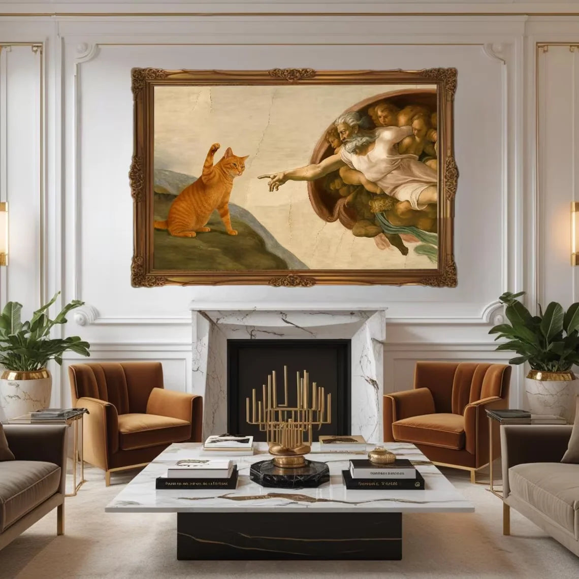 Living room with classical painting of a cat and angel over a fireplace