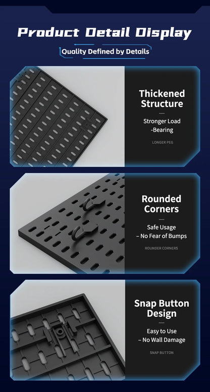 Product detail display with features of a black grid mat on a blue background.