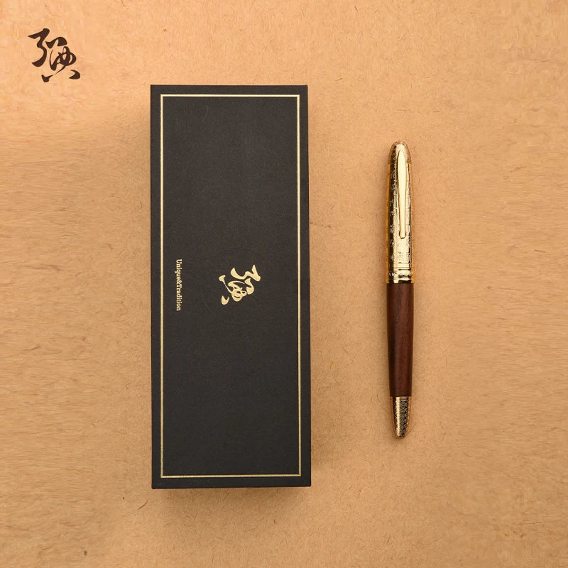Pen and its packaging on a beige background