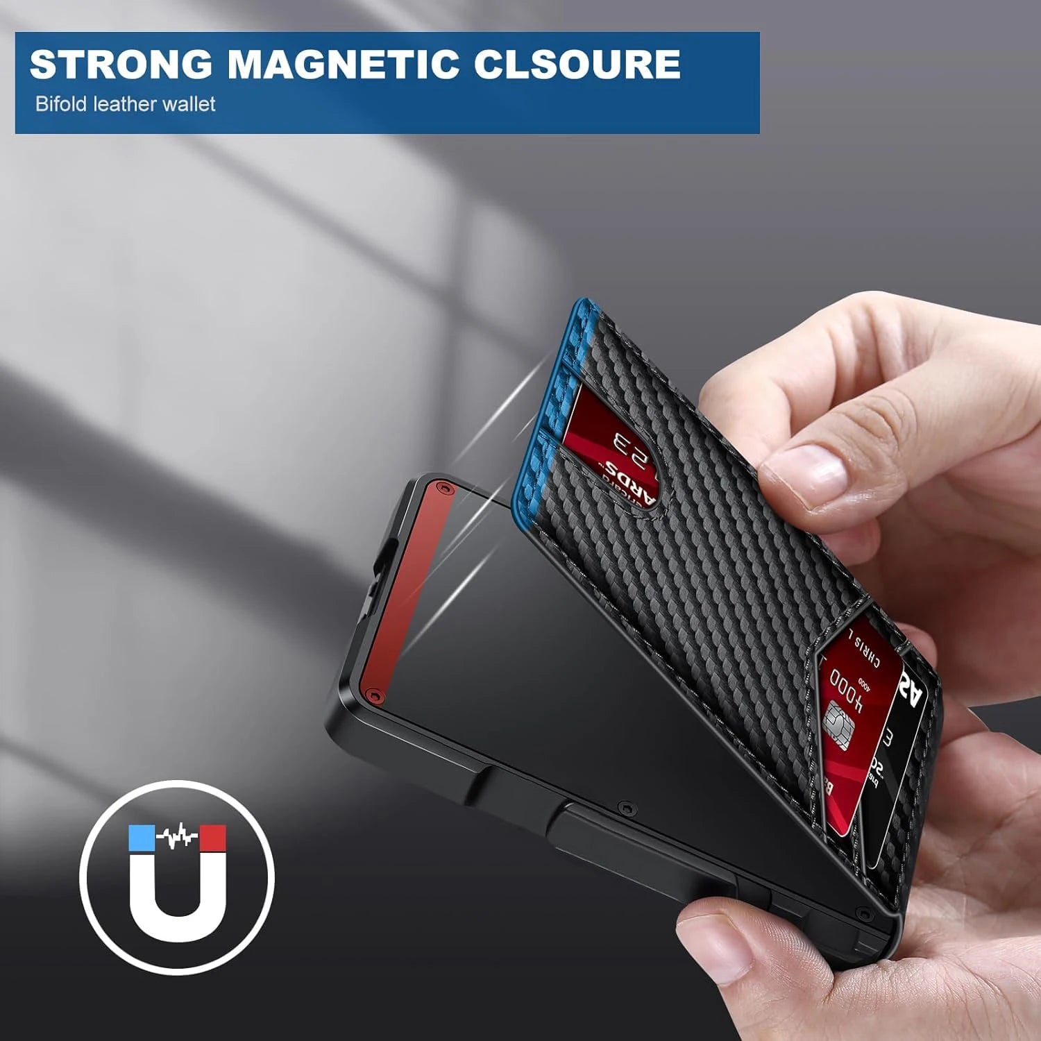 Bifold leather wallet with strong magnetic closure held by a hand against a gray background