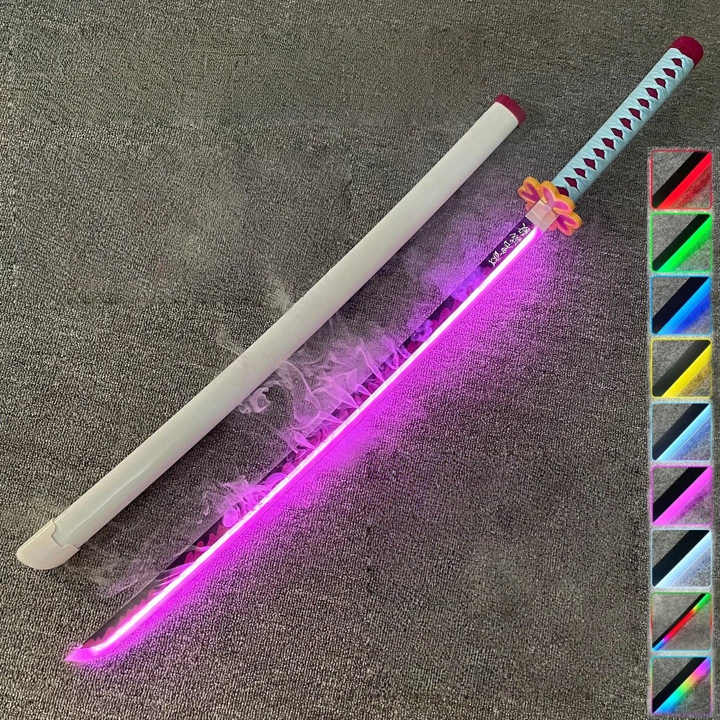 Light-up toy sword with colorful LED lights on a gray surface